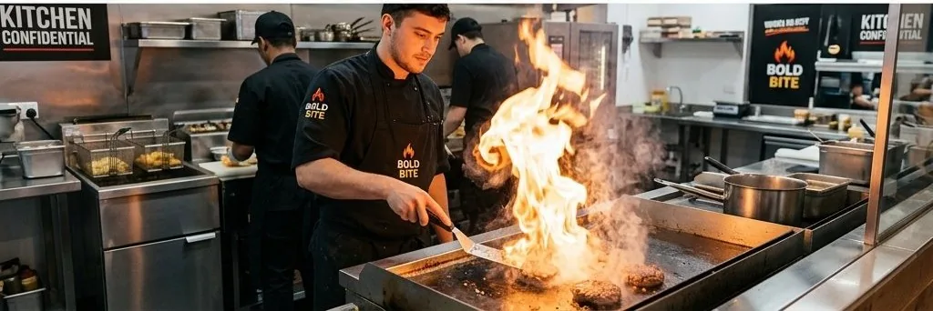 Chef cooking with fire in professional kitchen